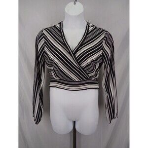 Guess Surplice Crop Top Size Large Tie Waist Faux Wrap Black White Stripe New
